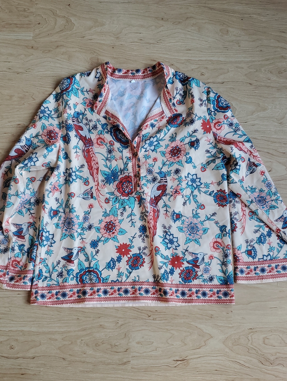 Floral Bird Print V-Neck Blouse in Cream, Teal & Coral